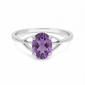 Rhaya Jewels Elegant Rhodium Plated 925 Sterling Silver Oval Cut Amethyst Prong Setting <b>Dainty</b> Band Trendy Women's <b>Ring</b> - Product Image 1