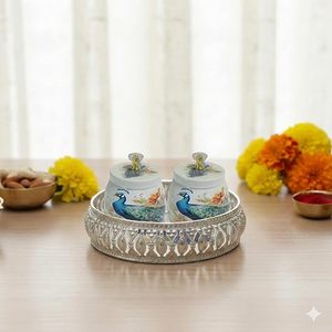 Plateaux et pots Pichwai en argent allemand, motifs Art Déco variés, pour décoration intérieure, cadeaux de mariage indien, cadeaux de Diwali, cadeaux de remerciement indiens - Product Image 5