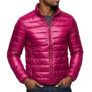 Blouson matelassé en toile brillante magenta pour homme, fermeture éclair, col montant, imperméable, respirant, logo frontal, léger, manteau d'hiver - Product Image 2