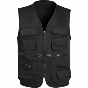 Men's Black Multi-pocket Cargo Vest V-neck Zipper Closure Casual Outdoor Wear 6-Pocket Design Solid Color Polyester Fabric - Product Image 1