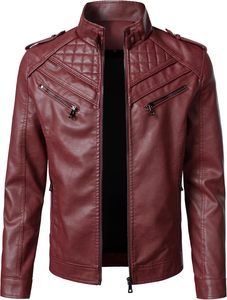 Men's Burgundy Wine Red PU Faux Leather Biker <b>Jacket</b> Stand Collar Quilted Shoulder Multi <b>Zipper</b> Moto Style OEM Custom Color - Product Image 1