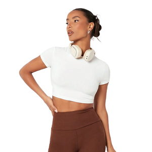 Sporty Slim Fit <b>White</b> Baby <b>Tee</b> Nylon Spandex Women's Shirts Cropped High Elasticity Breathable Yoga Top Activewear Summer Blouse - Product Image 1