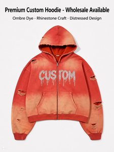 Distressed <b>Zip</b> up Hoodie High Street Vintage Fashion Cotton Custom Screen Printing Oversize Acid Wash Hoodie Rhinestones Logo - Product Image 2
