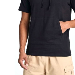 เสื้อยืดมีฮู้ดแขนสั้นผ้าฝ้ายน้ำหนักเบาสำหรับผู้ชาย เสื้อยืดมีฮู้ดลำลองพร้อมเชือกปรับได้ กระเป๋าหน้าใส่ของได้ สวมใส่สบาย - Product Image 5