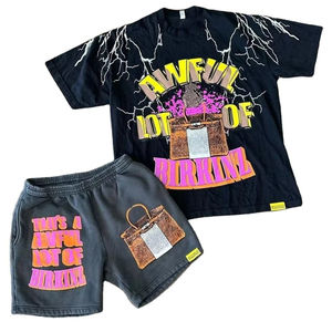 Conjunto de Camiseta y Pantalones Cortos de Primavera para Hombre, Diseño Vintage, Estampado Digital, Estilo Urbano Ecológico, Lavado Ácido, 100% Algodón - Product Image 1