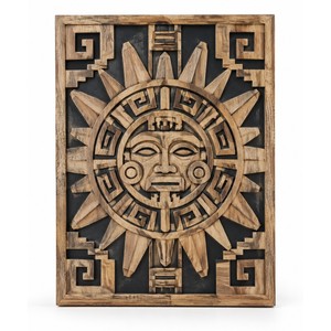 Panneau mural en bois sculpté à la main, motif soleil maya, design traditionnel, par Aqudus Saleem AS-ECDE - Product Image 1