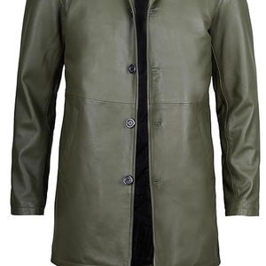 SHARISSA INTERNATIONAL Manteau long en cuir véritable pour homme, col roulé, manches classiques, couleur unie, vert olive, vêtement d'extérieur - Product Image 5