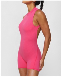 Pink Sleeveless High Waist Seamless Yoga Romper Four-Way Stretch Solid Color Bodycon Shorts Set by AMAZING INDUSTRIES - Product Image 4