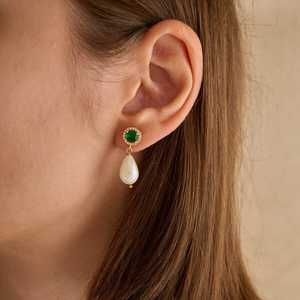 <b>Emerald</b> Pave <b>Drop</b> Pearl <b>Earrings</b> 925 Sterling Silver 14K Gold Plated Wedding Jewelry For Women Elegant Gift - Product Image 4