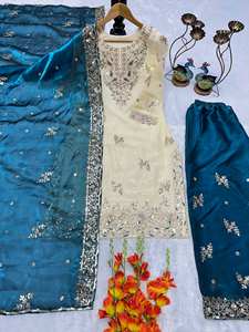 Conjunto de Salwar Kameez de Diseño con Bordado Crema y Traje Palazzo con Trabajo Elaborado para Mujer |   Ropa para Bodas, Fiestas y Eventos Festivos - Product Image 6