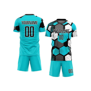 Conjunto de Camiseta y Pantalones Cortos de Fútbol Sublimados Personalizados, 100% Poliéster, Diseño de Llama Negra, Rosa y Azul, Nombre del Equipo y Número Impresos, Transpirable - Product Image 4