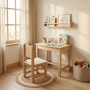 Ensemble de bureau et chaise pour enfants en bois naturel, table d'activités minimaliste pour enfants, table d'étude en bois pour tout-petits, ensemble de meubles pour salle de jeux - Product Image 2