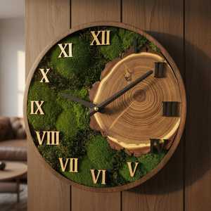 Personalized Moss Wall Clock: Handmade Walnut Wood Eco Decor Painting Decoration Item - Product Image 1
