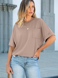 Nouveau T-shirt uni de qualité supérieure pour femme, vente en gros, vêtement décontracté d'été avec poche, couleur unie - Product Image 6