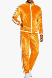 Ensemble de survêtement en velours orange, veste à col montant zippée et pantalon à rayures blanches, deux pièces - Product Image 4