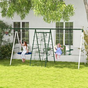 Set Altalena in Metallo da Esterno con Canestro a Disco, Sedile, Dondolo e Rete da Arrampicata per Divertimento in Giardino - Product Image 2