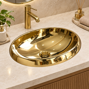 Lavabo Ovalado de Lujo en Latón Dorado con Acabado Espejo, Lavabo de Encimera de Alto Brillo para Baño, Proyecto para Hotel o Villa - Product Image 5