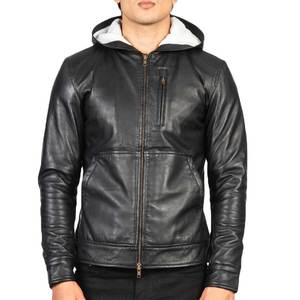 Veste à capuche en cuir noir pour homme avec doublure blanche - Product Image 5