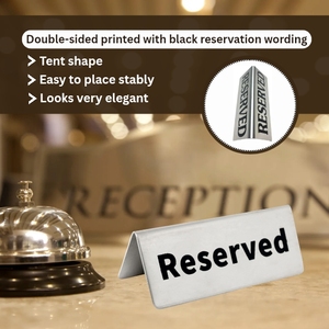 Panneau de signalisation de table réservée en acier inoxydable double face gravé au laser avec logo personnalisé, modèle SKI, pour restaurants, hôtels et bureaux - Collection 2024 à prix abordable - Product Image 2