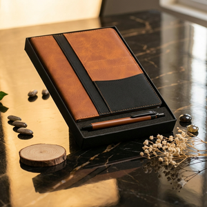 Aurelux Premium Tan Black PU Velvet Diary Ballpoint Pen Gift <b>Set</b> Case Bound Elegant 80 GSM <b>Notebook</b> Professional Corporate - Product Image 6