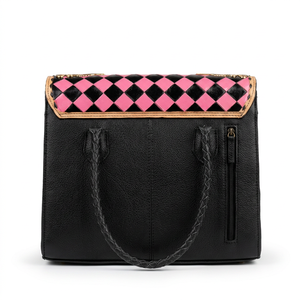 Women's High Quality Genuine <b>Leather</b> Tote Bag With Black Pink Color Checkered Floral <b>Tooled</b> Vintage Style Hasp Closure Daily Use - Product Image 4