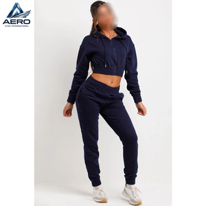 2026 Best Sale Product Zip Front Navy Color Ladies Gym <b>Crop</b> Tracksuits, Long Sleeve <b>Crop</b> <b>Tops</b> Pants Casual Wear Tracksuit Set - Product Image 6