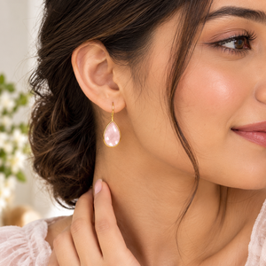 Rose Quartz Bezel <b>Set</b> Dangle Earring - Handmade Gold Plated Teardrop Earring <b>Gift</b> For <b>Woman</b> - Product Image 5