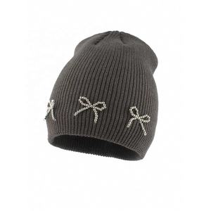 2025 nuevos gorros al aire libre para mujer, regalos de Navidad elegantes, cuentas de perlas, nudo de lazo, adornado, tejido marfil, rosa, gris, negro, gorro - Product Image 2