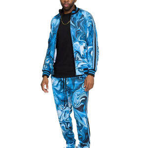 Survêtement bleu marbré pour homme, imprimé par sublimation sur toute la longueur, coupe classique, style streetwear, respirant, en polyester, pour le printemps - Product Image 1