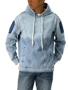 Wholesale High Quality Custom <b>Thick</b> Oversized Patchwork Regular Fit Vintage Blue Fleece Distressed <b>Men</b> Pullover <b>Hoodie</b> - Product Image 2