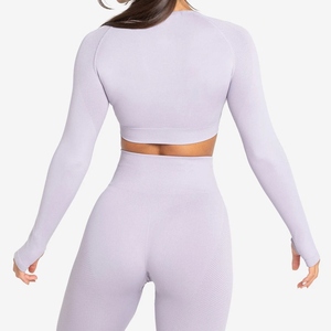 Ensemble de yoga pour femmes à manches longues avec trous pour les pouces, 3 pièces, tenue de sport, leggings taille haute, soutien-gorge de sport, ensemble de course, blanc - Product Image 2
