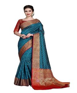 Kanchipuram Saree en soie Tenue de fête Mariage indien Dernier créateur Banarasi Sari en coton et soie avec chemisier Vêtements pour femmes Grossiste ethnique - Product Image 1