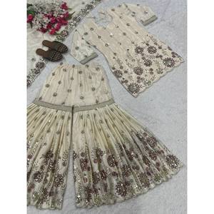 Salwar Kameez de Seda Beige de Diseño Maruti, Top para Fiesta con Sharara Plazzo y Dupatta, Talla L, Look Elegante - Product Image 1