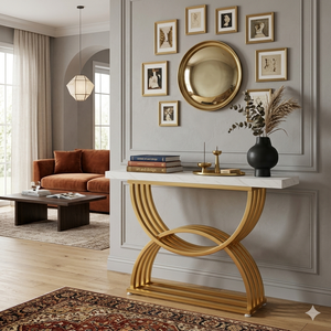 Modern Artistic Arc Gold <b>Console</b> <b>Table</b> - Luxury White <b>Marble</b> Top Entryway <b>Table</b> for Designer Interiors - Product Image 4