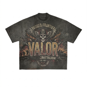Camiseta de algodón 100% para hombre, corte holgado, estampada, de algodón peinado de 220 GSM, color negro deslavado, con dobladillo desgastado, estampado digital personalizado. - Product Image 2