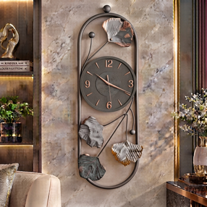 Durable Wall <b>Clock</b> Charcoal <b>Grey</b> Metal Botanical Art <b>Clock</b> Copper Accent Contemporary Decor for Lounge by Falah International - Product Image 1
