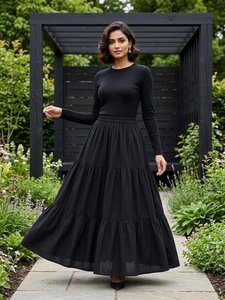 <b>Black</b> Solid Tiered Casual Maxi Skirt Women High Waist Ruffle Hem a Line Laminated Woven <b>Feathers</b> Fluffy for Spring Summer - Product Image 1