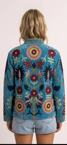 Chemise pour femme à col mandarin, manches longues, style vacances hiver-été, en velours tissé brodé floral, doublure en coton Suzani respirante - Product Image 3