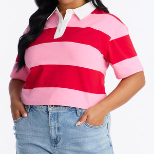 Polo Corto a Rayas para Mujer, Estilo Preppy, Bloques de Color Rosa y Rojo, Manga Corta, Algodón Oxford, Superventas - Product Image 4