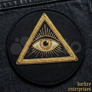 Écusson de régalia maçonnique personnalisé fait main, brodé au fil de bouillon, motif pilier et colonne dorées, rond bleu marine - Product Image 2