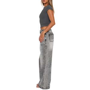 Pantalones vaqueros antiarrugas de pierna recta de cintura alta para mujer, pantalones vaqueros informales transpirables con botones delanteros holgados para verano - Product Image 4