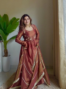 Maroon Silk Anarkali <b>Dress</b> For Women With <b>Gold</b> Embroidery Floor Length Traditional Ethnic Wear - Product Image 1