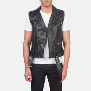 <b>Mens</b> Genuine Leather Biker <b>Vest</b> Sleeveless Motorcycle Style Casual Outerwear Custom Logo Wholesale Manufacturer - Product Image 3