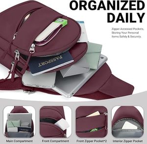 Unisex Cross Body <b>Backpack</b> Adjustable Strap Zipper Closure Casual Daily Use Burgundy Color Polyester Material - Product Image 6