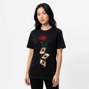 T-shirt noir pour homme avec imprimé rose rouge et cartes à jouer, manches courtes, col rond, design floral décontracté, coupe classique - Product Image 2