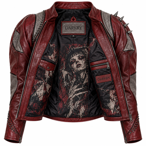 Chaqueta de Cuero Genuino para Mujer, Color Gris Marrón, Estilo Motero, con Diseño Geométrico Personalizado, Mangas con Tachuelas, Servicio de Fábrica - Product Image 5