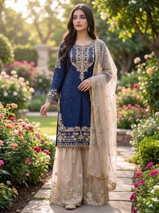 Bleu soie indien pakistanais mariage Kurti Sharara Dupatta Kameez fête porter des robes robe Kurti conception mariage Kurti - Product Image 5