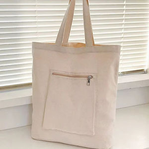 Bolsa de lona de algodón reutilizable de gran capacidad con bolsillo frontal con cremallera, bolso de hombro para compras, viajes y uso diario. - Product Image 1