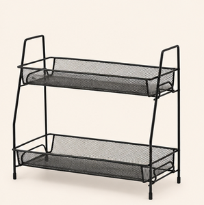 Minimalist Design Heavy Duty Multifunctional Kitchen Organizer Sundries Durable Mesh Shelf Black Double Tier Metal <b>Storage</b> <b>Rack</b> - Product Image 2