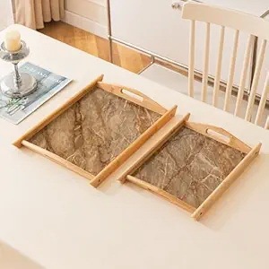Bandeja de Servir Ecológica de Bambú con Decoración de Incrustaciones de Mármol |   Bandeja de Desayuno de Madera Natural con Asas - Product Image 2